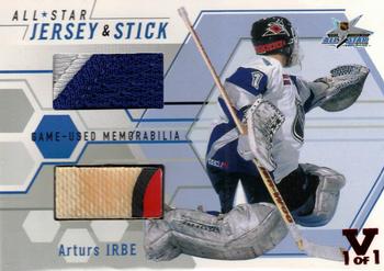 2015-16 In The Game Final Vault - 2002-03 Between The Pipes All-Star Stick and Jersey (Red Vault Stamp) #ASJ-15 Arturs Irbe Front