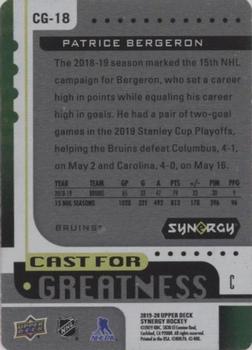 2019-20 Upper Deck Synergy - Cast for Greatness Green Achievements #CG-18 Patrice Bergeron Back