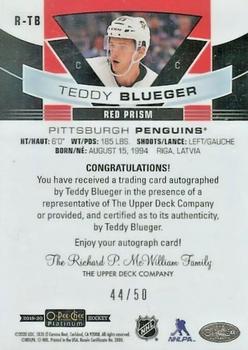 2019-20 O-Pee-Chee Platinum - Rookie Autos Red Prism #R-TB Teddy Blueger Back
