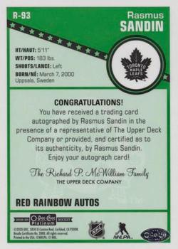 2019-20 O-Pee-Chee Platinum - Retro Red Rainbow Autographs #R-93 Rasmus Sandin Back