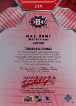 2019-20 Upper Deck MVP - Autographs Leaderboard Achievements Red #219 Max Domi Back