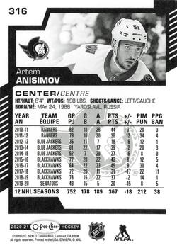 2020-21 O-Pee-Chee #316 Artem Anisimov Back