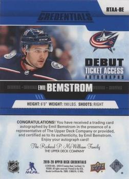 2019-20 Upper Deck Credentials - Debut Ticket Access Autographs #RTAA-BE Emil Bemstrom Back