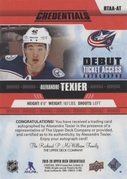2019-20 Upper Deck Credentials - Debut Ticket Access Autographs Red #RTAA-AT Alexandre Texier Back