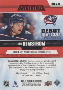 2019-20 Upper Deck Credentials - Debut Ticket Access Autographs Red #RTAA-BE Emil Bemstrom Back