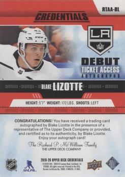 2019-20 Upper Deck Credentials - Debut Ticket Access Autographs Red #RTAA-BL Blake Lizotte Back