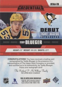 2019-20 Upper Deck Credentials - Debut Ticket Access Autographs Red #RTAA-TB Teddy Blueger Back