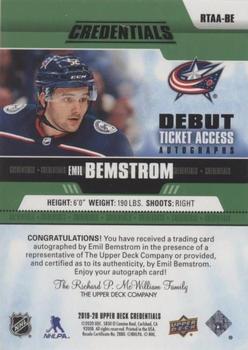 2019-20 Upper Deck Credentials - Debut Ticket Access Autographs Green #RTAA-BE Emil Bemstrom Back