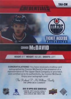 2019-20 Upper Deck Credentials - Ticket Access Autographs Red #TAA-CM Connor McDavid Back