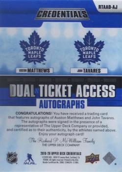 2019-20 Upper Deck Credentials - Dual Ticket Access Autographs #RTAAD-AJ Auston Matthews / John Tavares Back