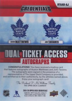 2019-20 Upper Deck Credentials - Dual Ticket Access Autographs Red #RTAAD-AJ Auston Matthews / John Tavares Back