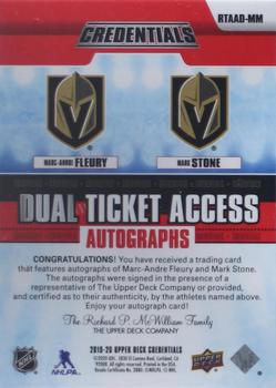 2019-20 Upper Deck Credentials - Dual Ticket Access Autographs Red #RTAAD-MM Marc-Andre Fleury / Mark Stone Back