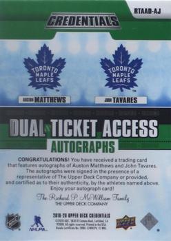 2019-20 Upper Deck Credentials - Dual Ticket Access Autographs Green #RTAAD-AJ Auston Matthews / John Tavares Back