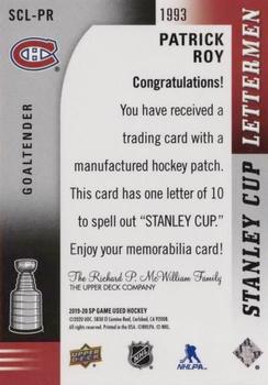 2019-20 SP Game Used - Stanley Cup Letterman Patches #SCL-PR-A Patrick Roy Back