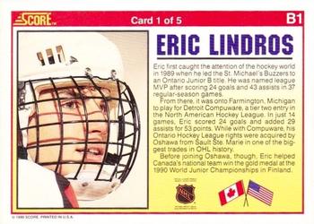1990-91 Score American - Eric Lindros Bonus Cards #B1 Eric Lindros Back