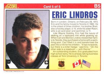 1990-91 Score American - Eric Lindros Bonus Cards #B5 Eric Lindros Back
