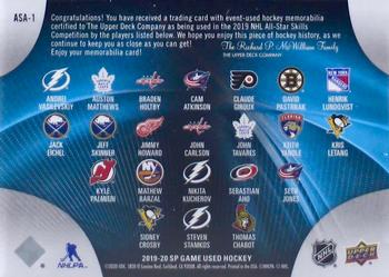 2019-20 SP Game Used - 2019 NHL All-Star Micro-Swatch Materials Achievements #ASA-1 A. Vasilevskiy/A. Matthews/B. Holtby/C. Atkinson/C. Giroux/D. Pastrnak/H. Lundqvist/J. Eichel/J. Skinner/J. Howard/J. Carlson/J. Tavares/K. Yandle/K. Letang/K. Palmieri/M. Barzal/N. Kucherov/S. Aho/S. Jones/S. Crosby/S. Stamkos/T. Chabot Back
