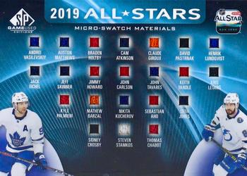 2019-20 SP Game Used - 2019 NHL All-Star Micro-Swatch Materials Achievements #ASA-1 A. Vasilevskiy/A. Matthews/B. Holtby/C. Atkinson/C. Giroux/D. Pastrnak/H. Lundqvist/J. Eichel/J. Skinner/J. Howard/J. Carlson/J. Tavares/K. Yandle/K. Letang/K. Palmieri/M. Barzal/N. Kucherov/S. Aho/S. Jones/S. Crosby/S. Stamkos/T. Chabot Front