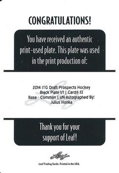 2014 In The Game Draft Prospects - Printing Plates Black #13 Julius Honka Back