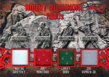 2019-20 Leaf Ultimate - Q Mount Rushmore Relics - Red #MR-12 Wayne Gretzky / Joe Montana / Larry Bird / Cal Ripken Jr. Front