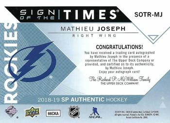 2019-20 SP Authentic - 2018-19 SP Authentic Update I #SOTR-MJ Mathieu Joseph Back