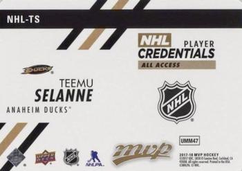 2017-18 Upper Deck MVP - Player Credentials Level 5 All-Access Achievements #NHL-TS Teemu Selanne Back