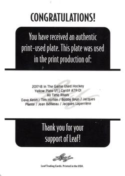 2017-18 Leaf In The Game Used - All Time Rivals - Printing Plates - Yellow #ATR-01 Dave Keon / Tim Horton / Bobby Baun / Jacques Plante / Jean Béliveau / Jacques Laperrière Back