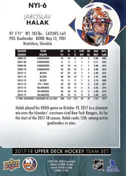 2017-18 Upper Deck New York Islanders #NYI-6 Jaroslav Halak Back