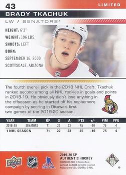 2019-20 SP Authentic - Limited Red #43 Brady Tkachuk Back