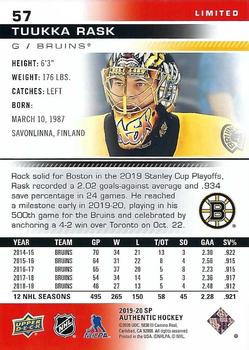 2019-20 SP Authentic - Limited Red #57 Tuukka Rask Back