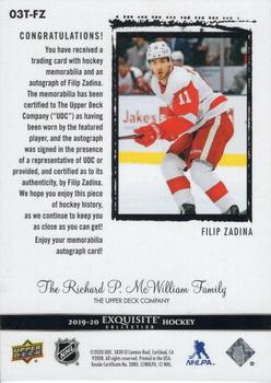 2019-20 Upper Deck Ice - Exquisite Collection 2003-04 Rookie Auto Patch Tribute #03T-FZ Filip Zadina Back