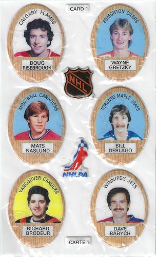 1983-84 Funmate NHL Puffy Stickers - Sticker Panels #1 Doug Risebrough / Wayne Gretzky / Mats Naslund / Bill Derlago / Richard Brodeur / Dave Babych Front