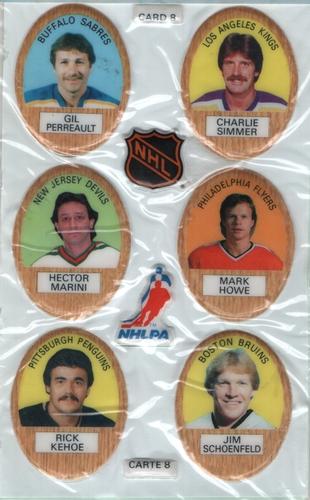 1983-84 Funmate NHL Puffy Stickers - Sticker Panels #8 Gilbert Perreault / Charlie Simmer / Hector Marini / Mark Howe / Rick Kehoe / Jim Schoenfeld Front