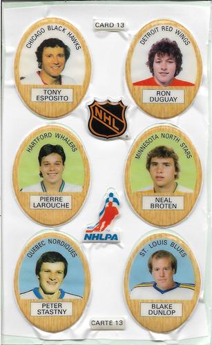1983-84 Funmate NHL Puffy Stickers - Sticker Panels #13 Tony Esposito / Ron Duguay / Pierre Larouche / Neal Broten / Peter Stastny / Blake Dunlop Front