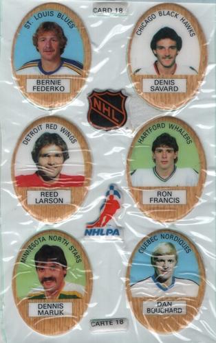 1983-84 Funmate NHL Puffy Stickers - Sticker Panels #18 Bernie Federko / Denis Savard / Reed Larson / Ron Francis / Dennis Maruk / Dan Bouchard Front