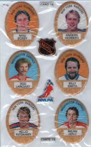 1983-84 Funmate NHL Puffy Stickers - Sticker Panels #19 Mike Bossy / Anders Hedberg / Rod Langway / Billy Smith / Reijo Ruotsalainen / Milan Novy Front
