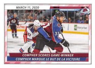 2020-21 Topps NHL Sticker Collection #121 Compher Scores Game-Winner Front