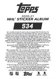 2020-21 Topps NHL Sticker Collection #534 Dominik Kubalik Back