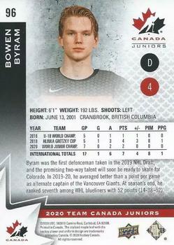 2020-21 Upper Deck Team Canada Juniors #96 Bowen Byram Back