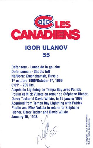 1997-98 Montreal Canadiens Postcards #NNO Igor Ulanov Back