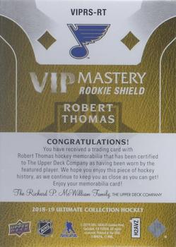 2018-19 Upper Deck Ultimate Collection - Quest Challenge Achievement VIP Mastery Rookie NHL Shields #VIPRS-RT Robert Thomas Back