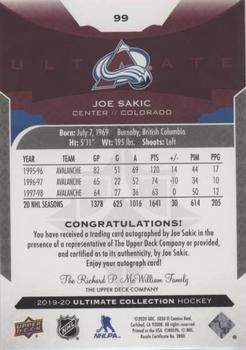 2019-20 Upper Deck Ultimate Collection - Autographs #99 Joe Sakic Back