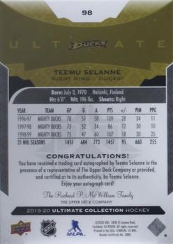 2019-20 Upper Deck Ultimate Collection - Autographs Onyx Black #98 Teemu Selanne Back