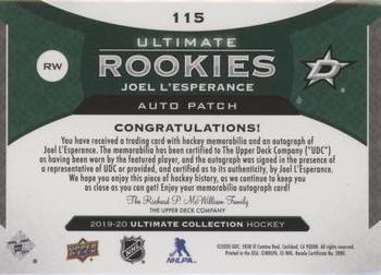 2019-20 Upper Deck Ultimate Collection - Ultimate Rookies Auto Patch #115 Joel L'Esperance Back