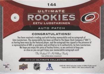 2019-20 Upper Deck Ultimate Collection - Ultimate Rookies Auto Patch #144 Eetu Luostarinen Back