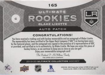 2019-20 Upper Deck Ultimate Collection - Ultimate Rookies Auto Patch #165 Blake Lizotte Back