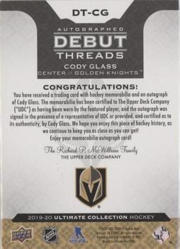 2019-20 Upper Deck Ultimate Collection - Autographed Debut Threads #DT-CG Cody Glass Back