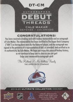 2019-20 Upper Deck Ultimate Collection - Autographed Debut Threads #DT-CM Cale Makar Back
