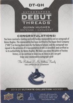 2019-20 Upper Deck Ultimate Collection - Autographed Debut Threads #DT-QH Quinn Hughes Back