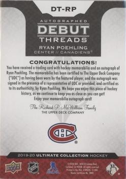 2019-20 Upper Deck Ultimate Collection - Autographed Debut Threads #DT-RP Ryan Poehling Back